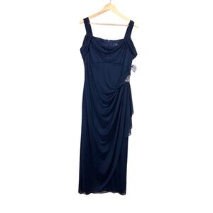 Alex Evenings Off Shoulder Draped Ruched Navy Gown Size 16 Petite